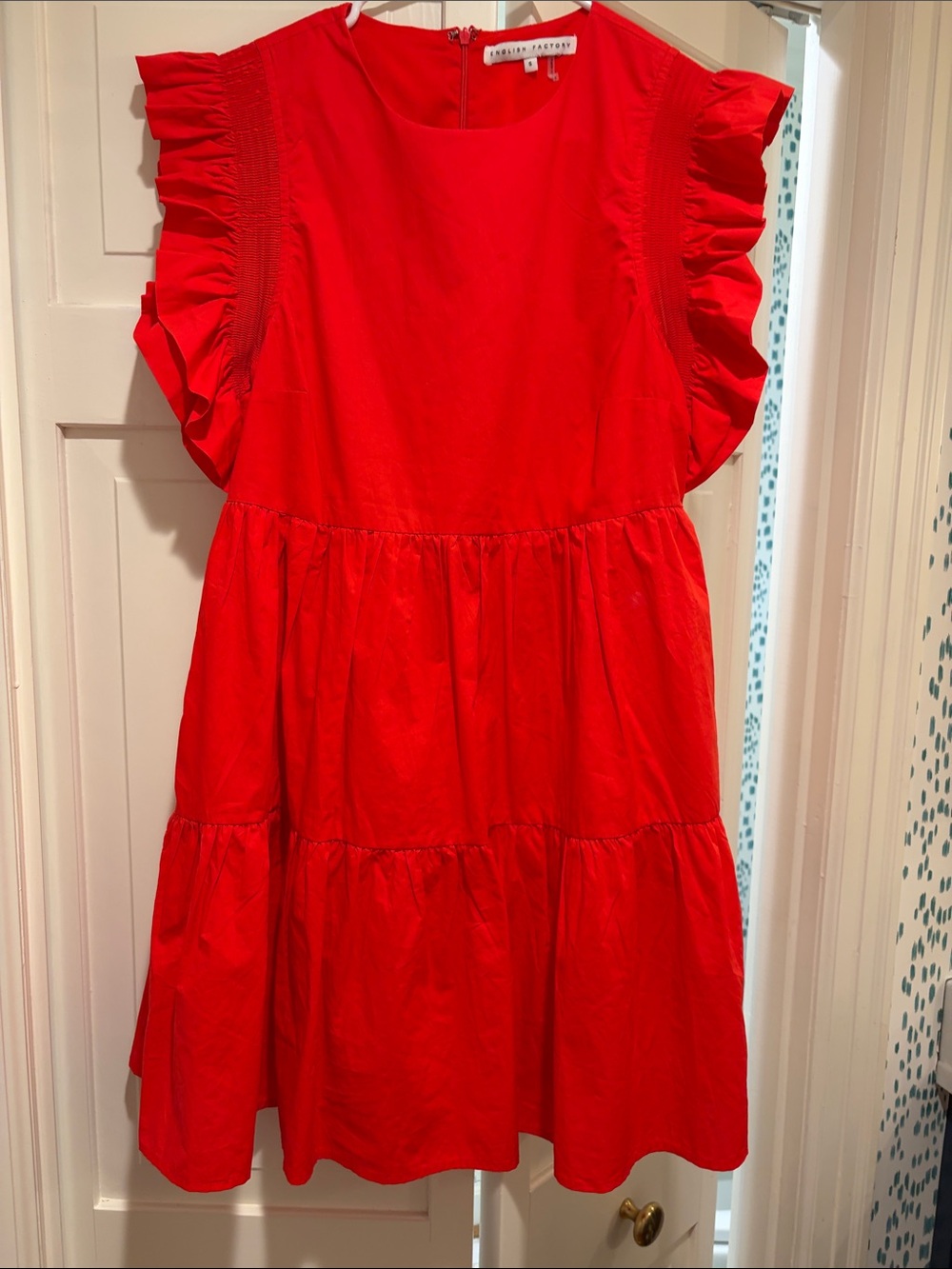 Like New English Factory Red Ruffle Sleeve Tiered Dress